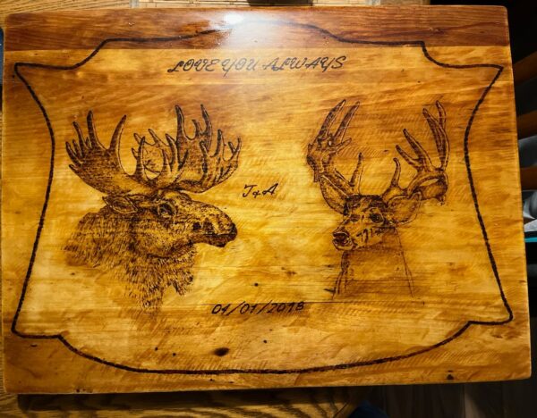 Custom Pyrography Plaque — Moose & Deer Couple Design