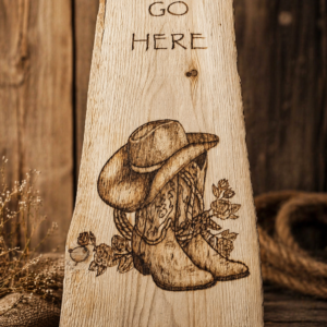 Rustic Pyrography “Boots Go Here” Wooden Sign