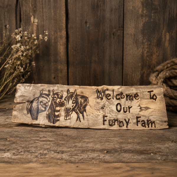 Welcome to Our Funny Farm” Rustic Pyrography Wooden Sign